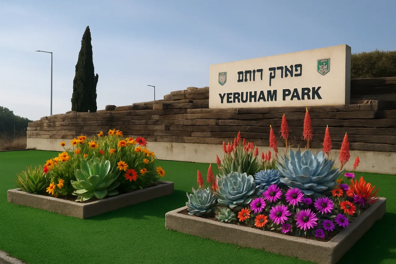 שלושה ריבועי אדני רכבת ריקות בכניסה לעיירה ירוחם. ניתן לשתול בהם מגוון צמחים עמידים ומרשימים שיוסיפו נופך לכניסה — אחרי